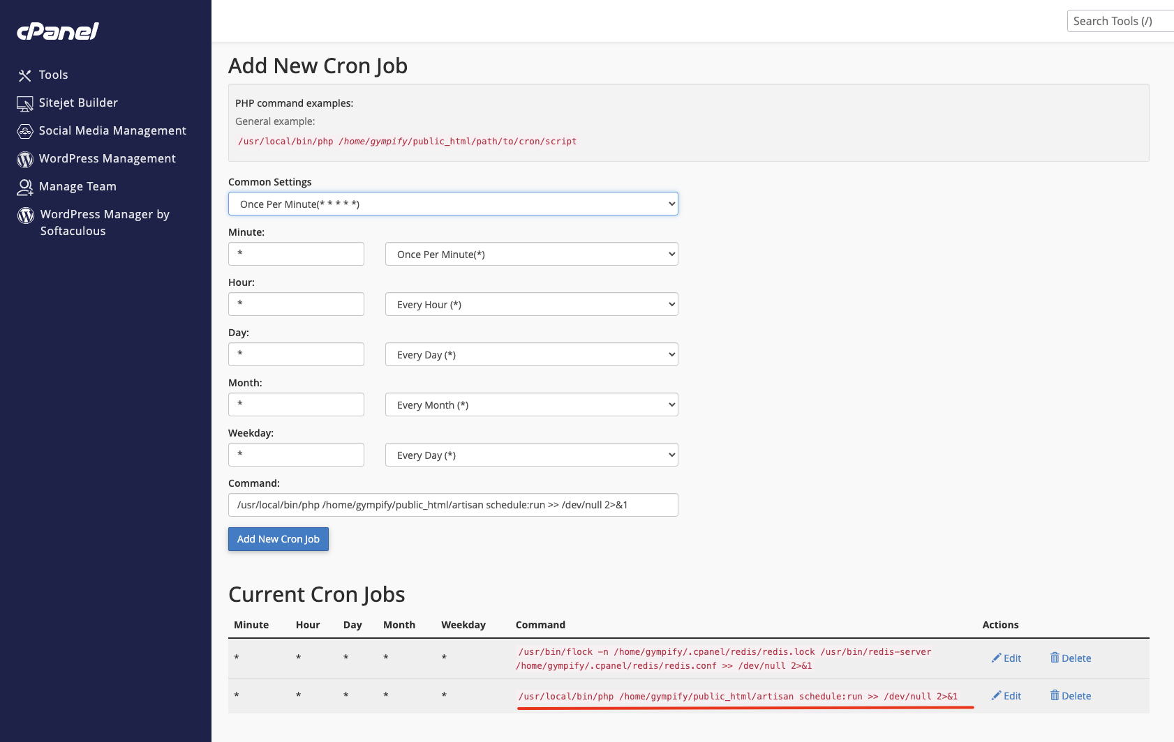 cPanel Cron Jobs Section